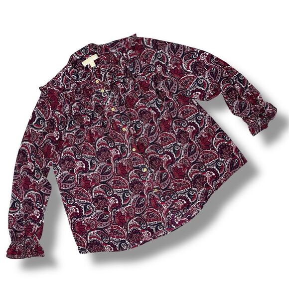 Michael Michael Kors Paisley Ruffled Button Front Blouse Red Blue Large - Picture 12 of 12
